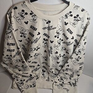 Disney Mickey Mouse All Over Print Sweatshirt Cream Black Graphic Pullover XL